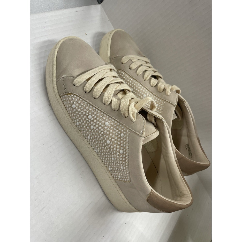 Oasis Society Beige Vegan Leather Beaded Lace Up Women's Low Top Sneakers Size 8
